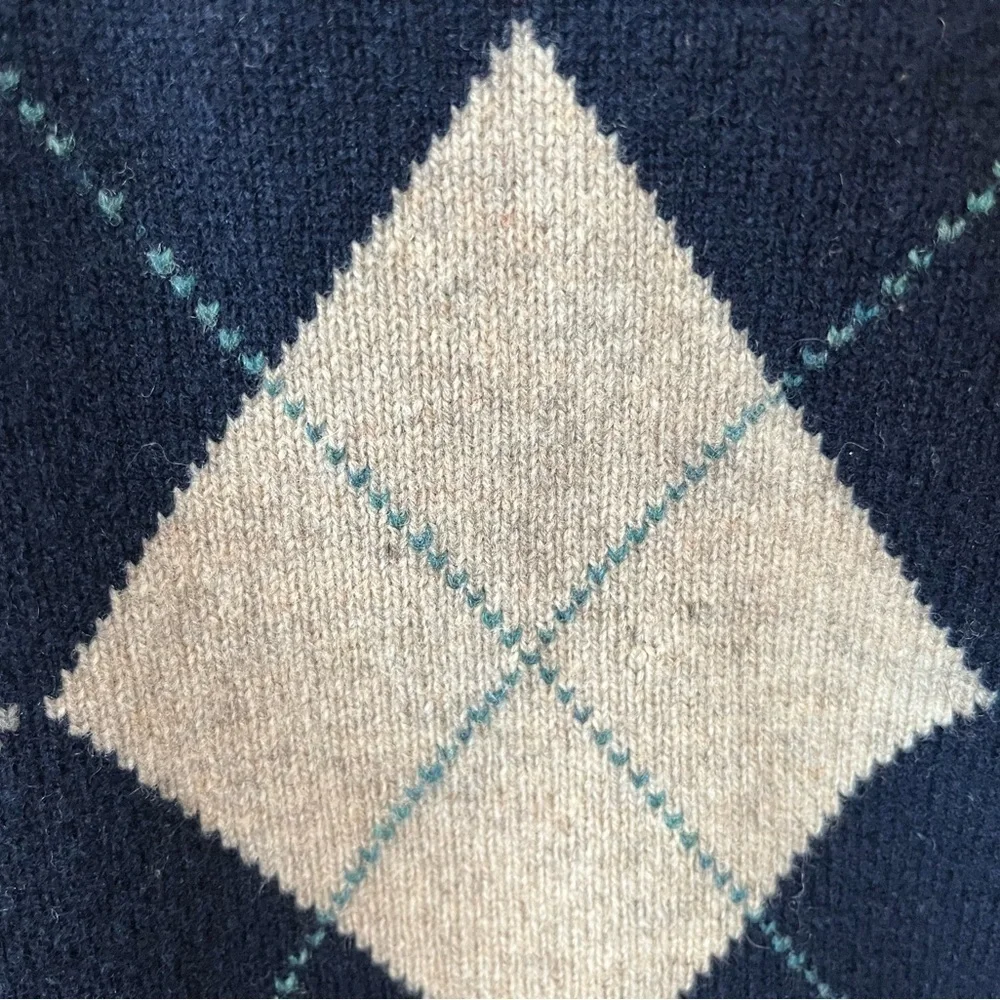 J.Crew Sweater Mens Large Knit LambsWool V-Neck Navy Cream Argyle Vintage